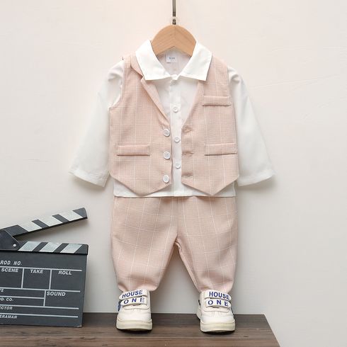 3pcs Baby Boy Party Outfits Long-sleeve Shirt and Plaid Waistcoat with Pants Set