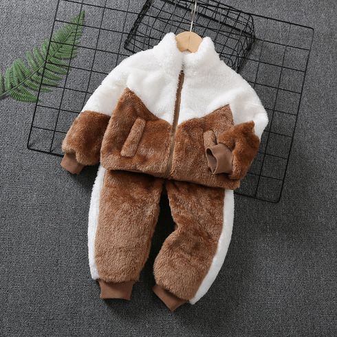 2pcs Toddler Boy Trendy Colorblock Fleece Jacket and Pants Set