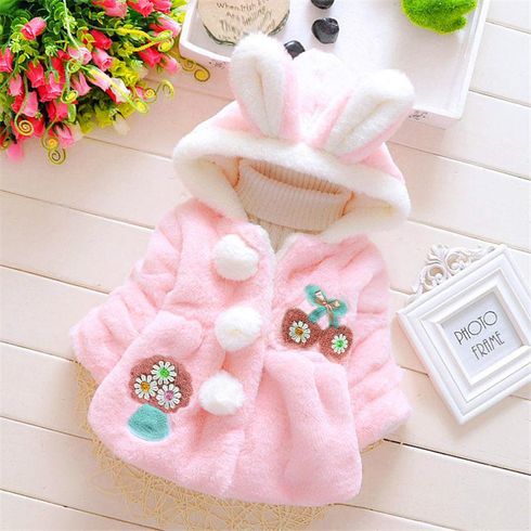 Toddler Girl Cute Floral Embroidered Fluffy Fleece Hooded Coat