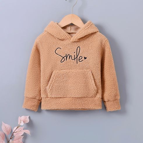 Toddler Girl Letter Embroidered Pocket Design Fuzzy Teddy Fleece Hoodie Sweatshirt