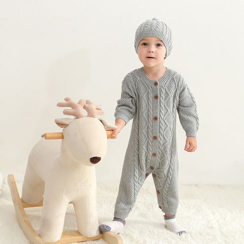 100% Cotton 2pcs Solid Knitted Long-sleeve Baby Set