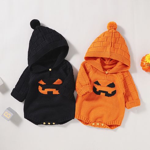 Halloween Baby Boy/Girl Pumpkin Graphic Pom-pom Hooded Long-sleeve Knitted Romper