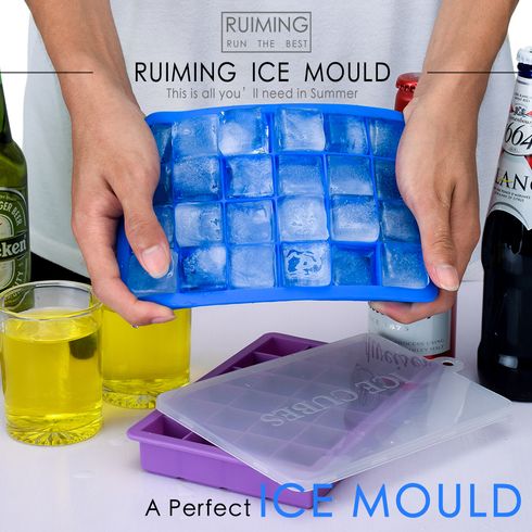 24 grades silicone bandeja de cubos de gelo molde recipiente para fazer cubos de gelo com tampa