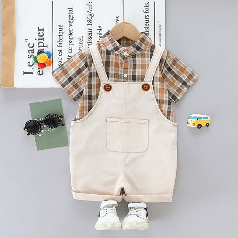 2pcs Toddler Boy Playful Lapel Collar Plaid Shirt and Pocket Design Overalls Set