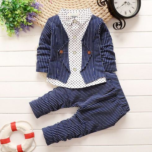 2pcs Toddler Boy Gentleman Suit, Faux-two Polka dots Stripe Shirt and Pants Set