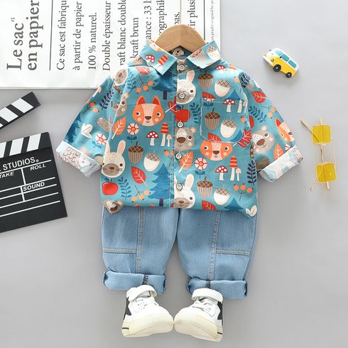 2pcs Toddler Boy Playful Denim Jeans and Animal Print Lapel Collar Shirt Set