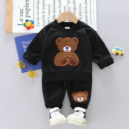 2pcs Baby Boy/Girl Bear Embroidered Black Long-sleeve Sweatshirt and Sweatpants Set