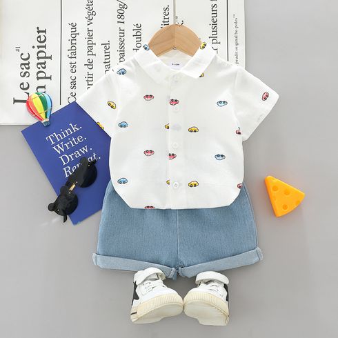 2pcs Baby Boy 100% Cotton Allover Car Print Short-sleeve Shirt and Denim Shorts Set