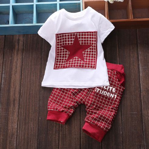2pcs Toddler Boy Preppy Style Red Stars Print Cotton Tee and Shorts Set Red big image 1