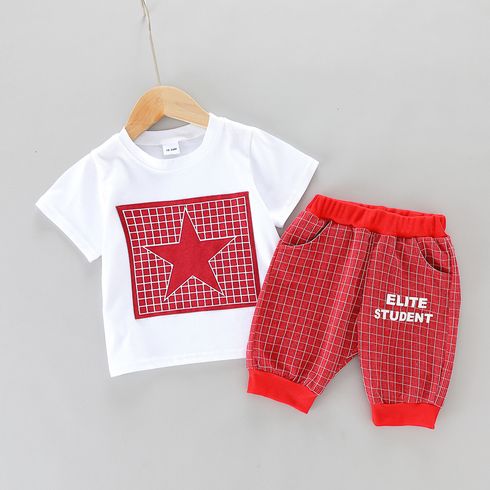 2pcs Toddler Boy Preppy Style Red Stars Print Cotton Tee and Shorts Set Red big image 2