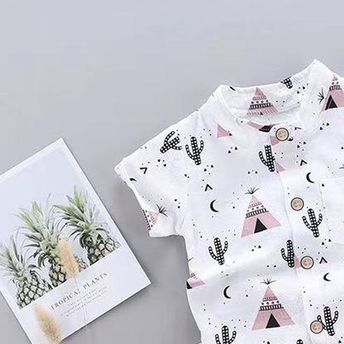 2pcs Baby Boy 95% Cotton Short-sleeve All Over Cactus Print Button Up Shirt and Solid Shorts Set Pink big image 1