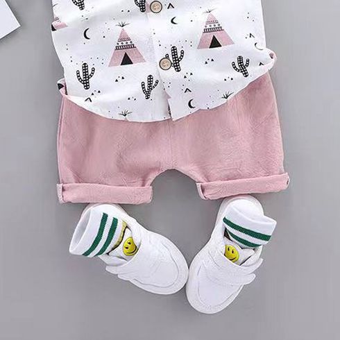 2pcs Baby Boy 95% Cotton Short-sleeve All Over Cactus Print Button Up Shirt and Solid Shorts Set Pink big image 2