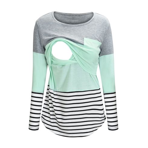 Langärmlige Still-T-Shirts Pflege Klassisch Farbblockierung/Spleißen Streifen Stoffnähte Gestrickt Kontrastnähte