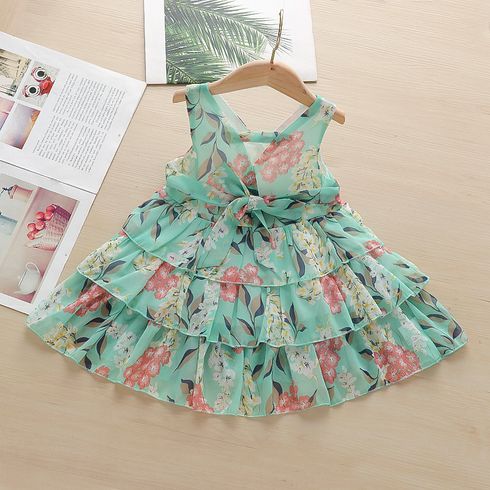 Dots or Floral Print Flounce Layered Sleeveless Baby Dress