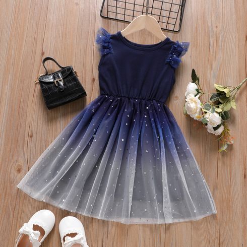 Toddler Girl Sweet Stars Pattern Ombre Mesh Overlay Dress Dark Blue big image 2