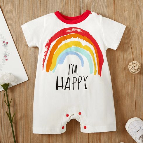 100% Cotton Letter and Rainbow Print Short-sleeve White Baby Romper