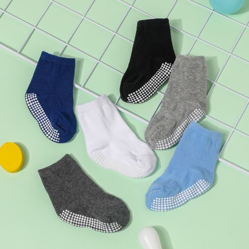 6 Pairs Baby / Toddler Solid Non-slip Grip Socks Dark Blue/white big image 5