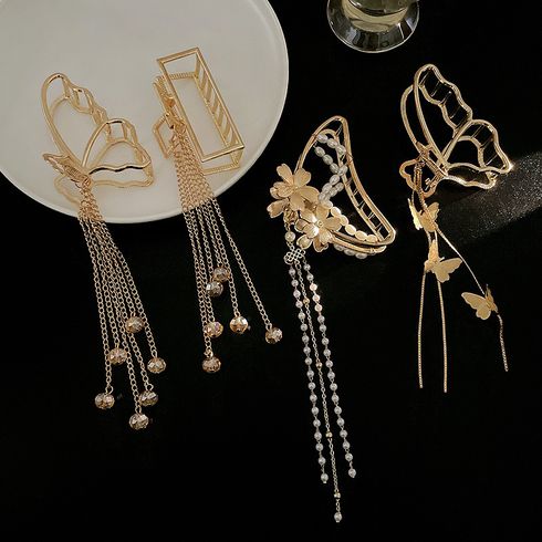 Women Butterfly Pearl Pendant Tassel Hair Claw Hair Accessory Pale Yellow big image 3