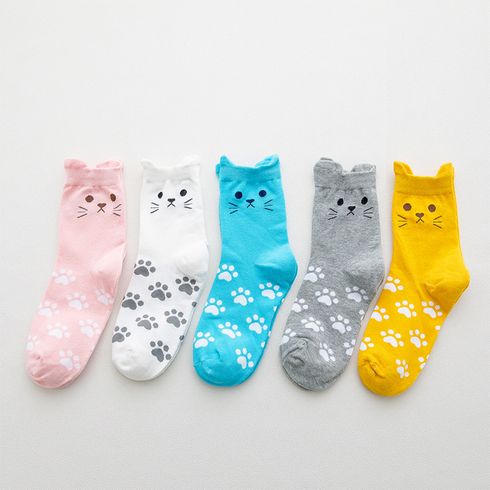 Women 100% Cotton Cute Cartoon Cat Dual Ears Footprints Print Tube Socks