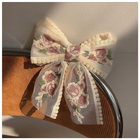 Women Embroidery Floral Bow Lace Hair Clip Hair Accessory Beige big image 1