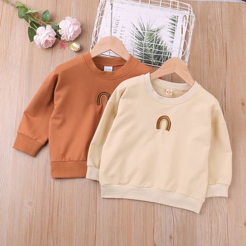 Toddler Girl Rainbow Embroidery Casual Beige Pullover Sweatshirt