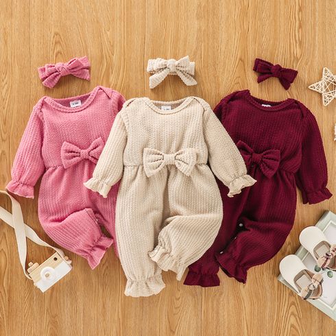 100% Cotton 2pcs Baby Solid Ribbed Long-sleeve Bowknot Ruffle Jumpsuit Set