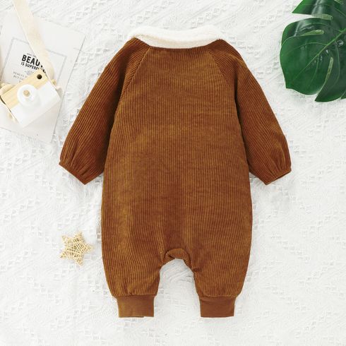 Baby Boy Fleece Lapel Collar Solid Corduroy Long-sleeve Jumpsuit Brown big image 7