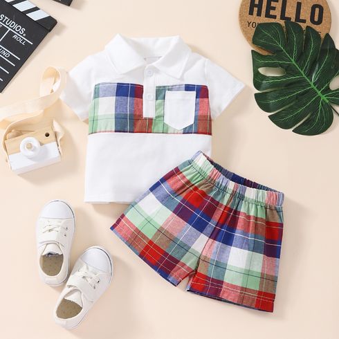 2pcs Baby Boy 100% Cotton Colorful Plaid Shorts and Polo Neck Short-sleeve Top Set
