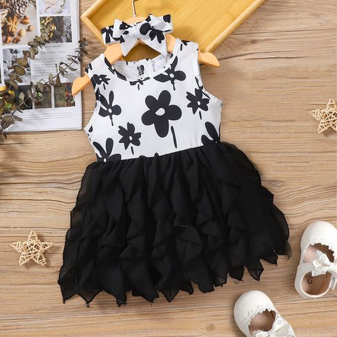 2pcs Baby Girl Sleeveless Floral Print Spliced Layered Party Dress with Headband Set