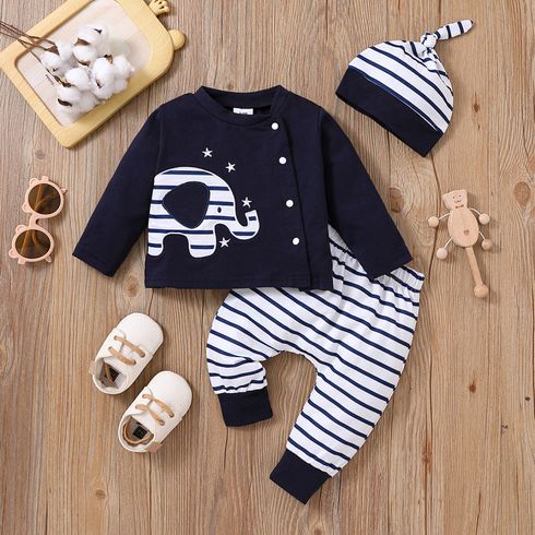 3pcs Baby Boy/Girl 95% Cotton Long-sleeve Elephant Embroidered Button Top and Striped Pants with Hat Set
