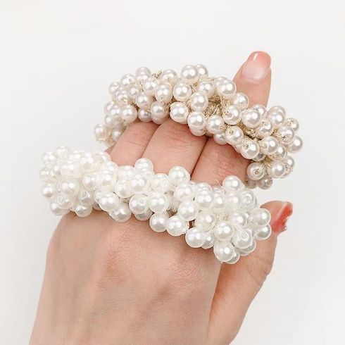 Women Hair Accessories Flower Pearl Beauty Elastic Hair Loop the Dress Up Girls White big image 2
