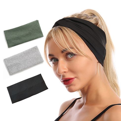 Women Pure Color Ribbed Knit Yoga Sports Headband Moisture Wicking Sweat Sweatband Running Workout Elastic Wide Turban Headband