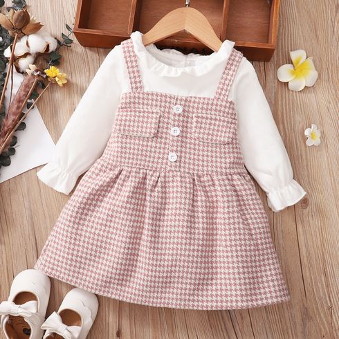 Frilly Collar Long-sleeve Splicing Pink Baby Faux-two Houndstooth Dress
