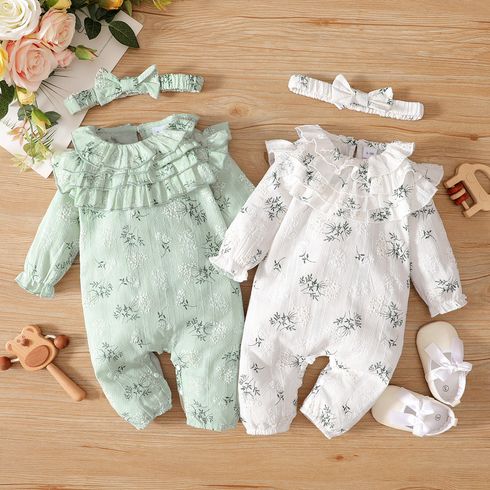 100% Cotton 2pcs Floral Print Flounces Baby Long-sleeve Jumpsuit Set