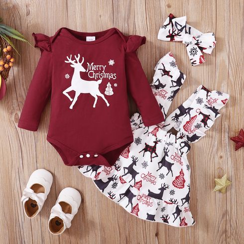 Christmas 3pcs Baby Reindeer and Letter Print Red Long-sleeve Romper with Ruffle Suspender Skirt Set