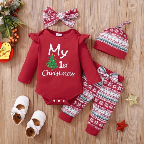 Christmas Baby 3pcs Tree and Letter Print Red Long-sleeve Romper and Pants Set