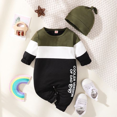 Baby Boy Letter Print Color Splice Long-sleeve Jumpsuit with Hat Set