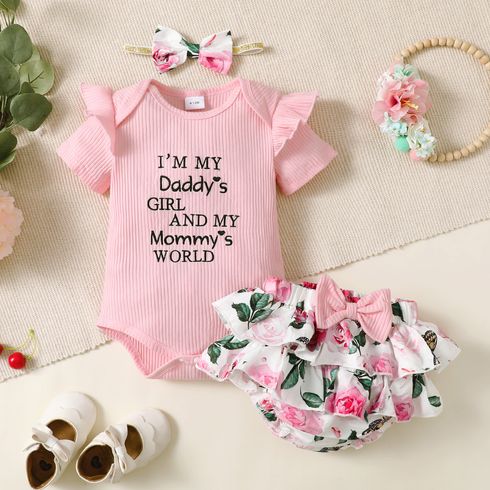 3pcs Baby Girl 95% Cotton Ribbed Ruffle Short-sleeve Letter Embroidery Romper and Floral Print Layered Shorts with Headband Set