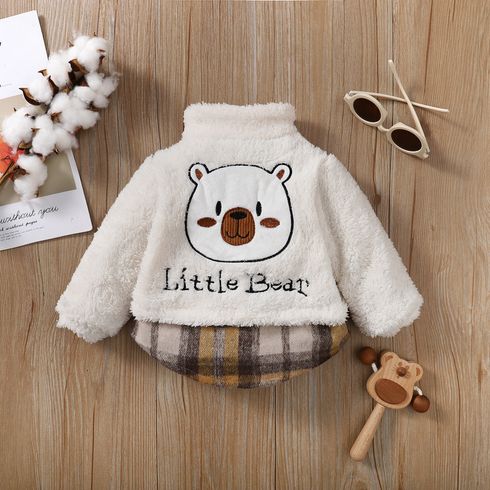 Baby Boy/Girl Bear Embroidered Plaid Hem Spliced Fuzzy Coat