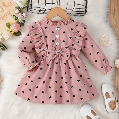 Baby Girl Allover Heart Print Pink Corduroy Ruffle Trim Mock Neck Long-sleeve Dress