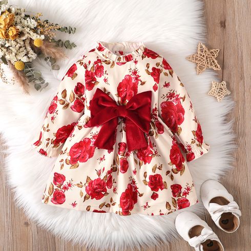 Baby Girl Allover Red Floral Print Long-sleeve Bow Front Dress