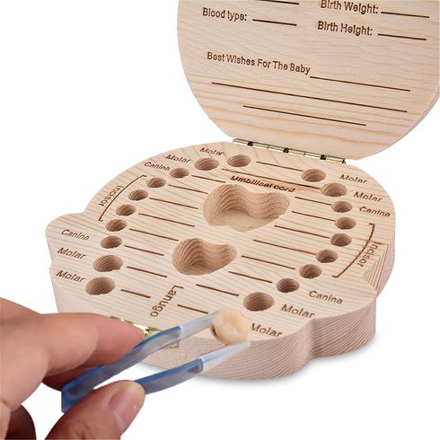 Wooden Baby Tooth Box Keepsake Tooth Organizer Storage Container for Teeth & Lanugo & Umbilical Cord Pale Yellow big image 5