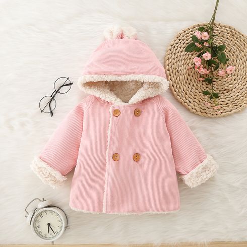 100% Cotton Baby Pink Thickened Fleece Lined Long-sleeve Hooded Double Breasted Outwear