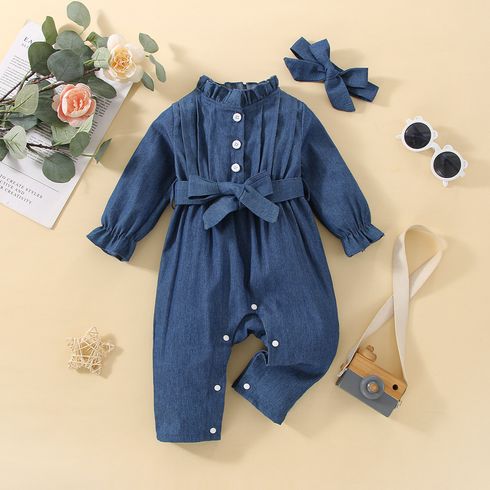 2pcs Baby Girl Solid Denim Frill Mock Neck Belted Long-sleeve Button Front Jumpsuit with Headband Set