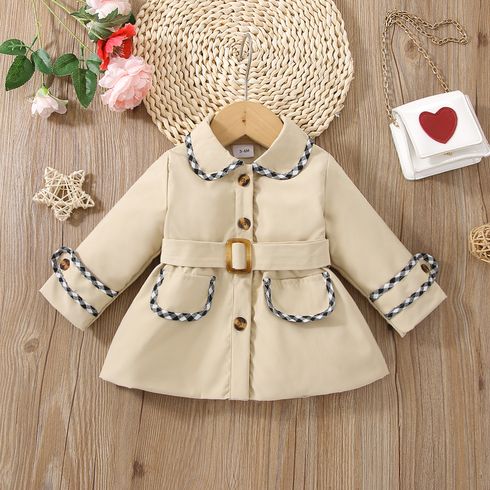 Baby Girl Plaid Spliced Khaki Long-sleeve Single Breasted Belted Trench Coat