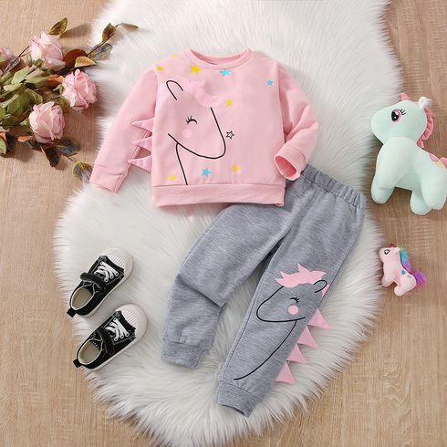 2pcs Toddler Girl Playful Unicorn Print Sweatshirt and Elasticized Pants Set