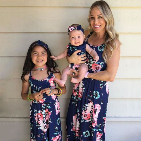 Dark Blue Floral Print Matching Maxi Sling Dresses