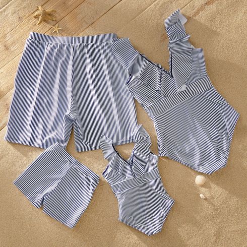 V-neck Flounce Striped Print Matching Swimsuits Dark Blue/white big image 2