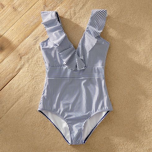 V-neck Flounce Striped Print Matching Swimsuits Dark Blue/white big image 6