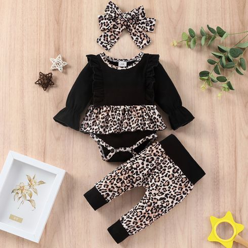 100% Cotton 3pcs Baby Girl Leopard Splicing Black Long-sleeve Ruffle Romper and Pants Set